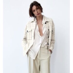 ZARA Oversized Tweed Shacket Overshirt Women‎ XS Ivory Check Textured Oversized